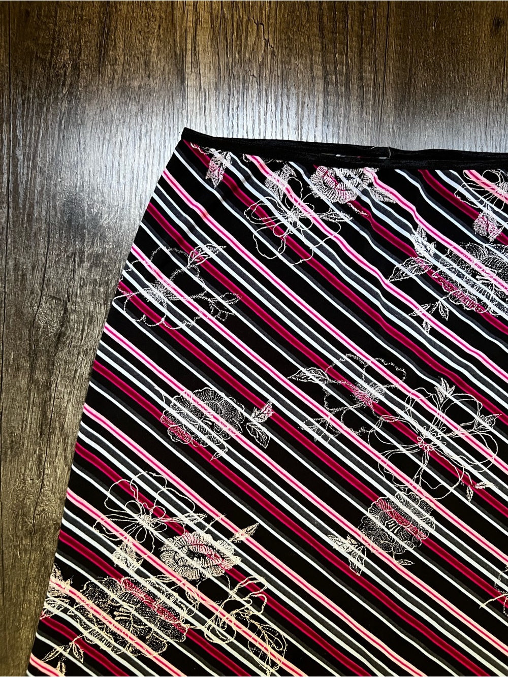 Wrapper Black and Pink Striped A-Line Skirt with White Floral Accents - Picture 3 of 4